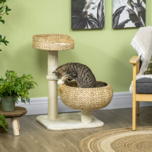 28" Elevated Cat Bed with Sisal Scratching Post for Indoor Kitties, Modern Cat Tree with Cute Basket Design, Small Cat T
