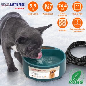 1Pc Heated Water Bowl For Dog Cat 74.4OZ Heating Water Dish IP67 Waterproof Thermal Water Bowl Heated Pet Bowl Dog Cat W
